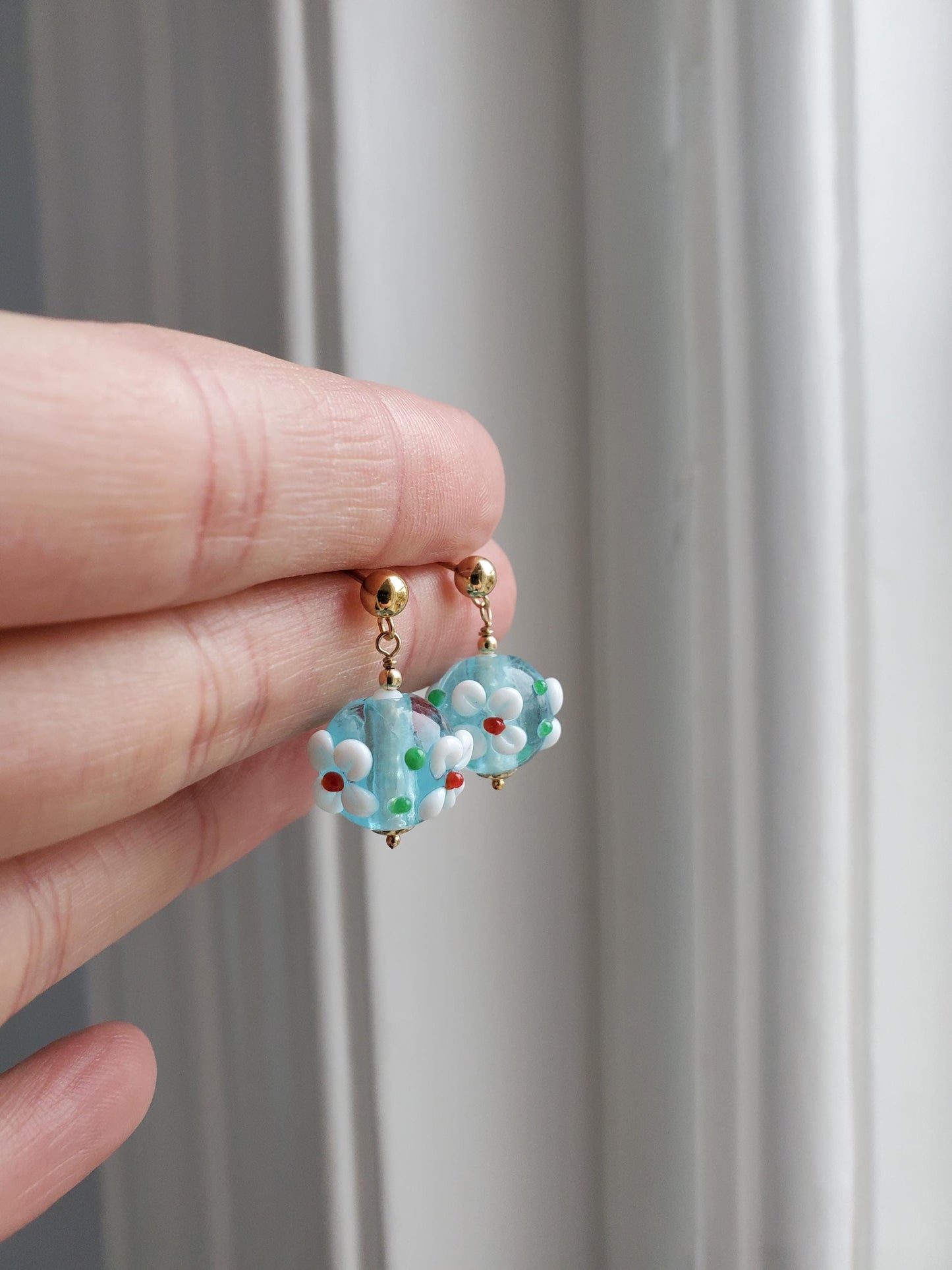 Blue Glass Flower Earrings - 14ct Gold-Filled