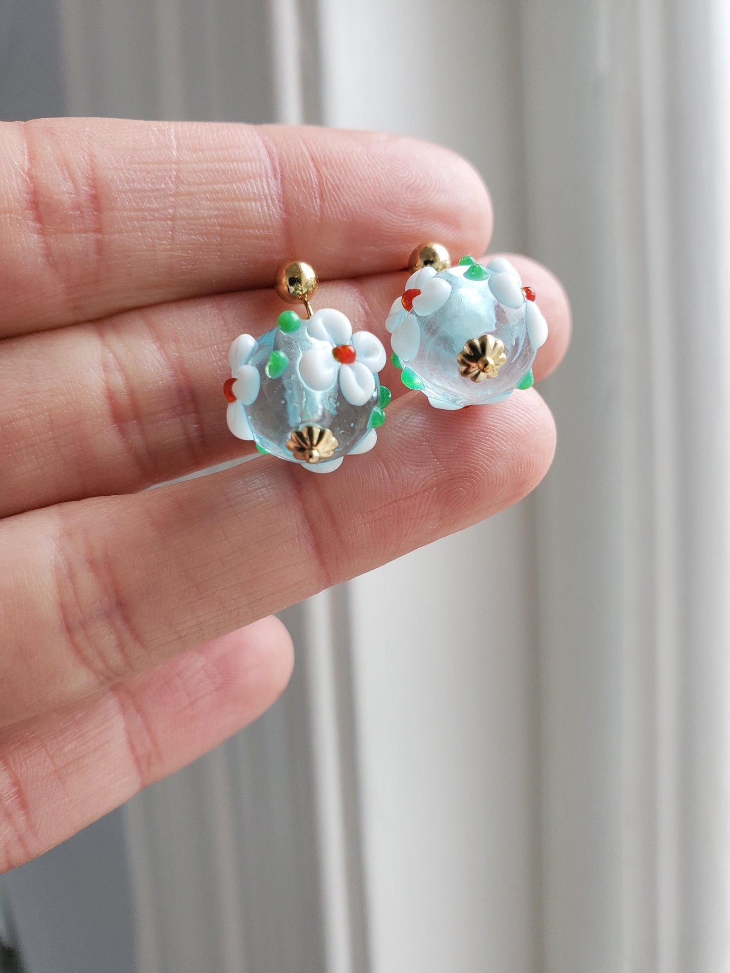 Blue Glass Flower Earrings - 14ct Gold-Filled