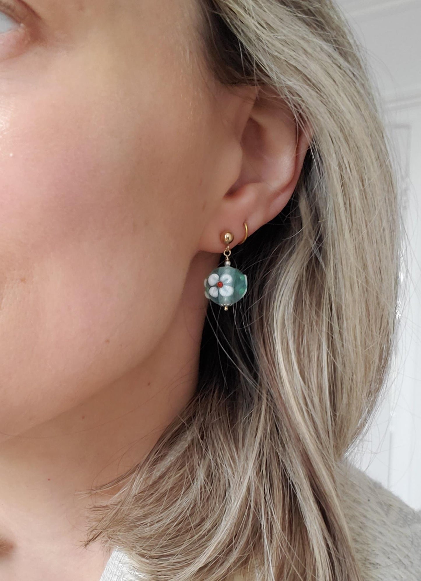 Blue Glass Flower Earrings - 14ct Gold-Filled