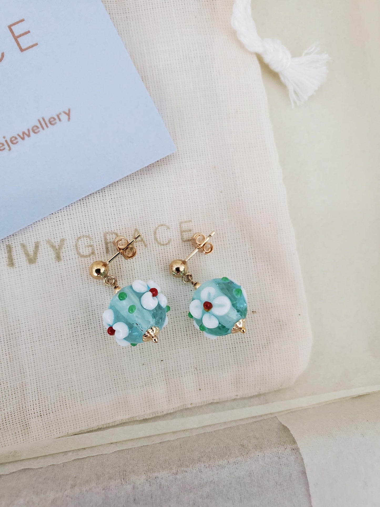 Blue Glass Flower Earrings - 14ct Gold-Filled