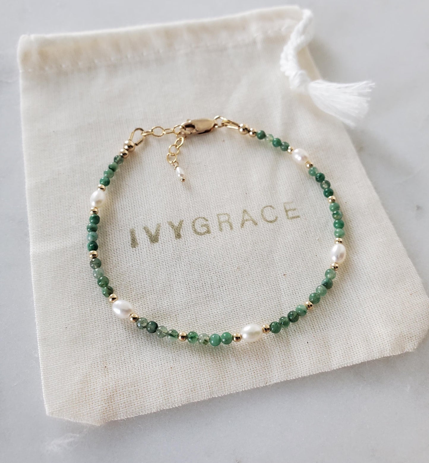 Green Jade & Pearl Beaded Bracelet  - 14ct Gold-Filled