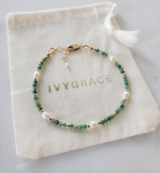Green Jade & Pearl Beaded Bracelet  - 14ct Gold-Filled