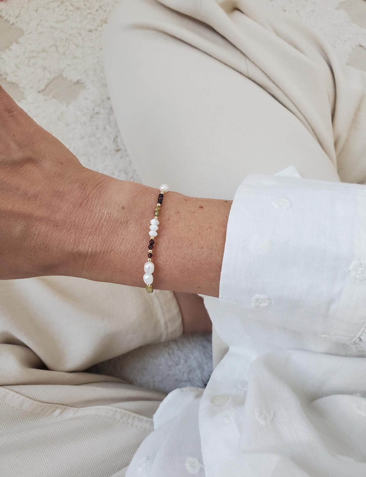Dainty Garnet & Freshwater Pearl Bracelet - 14ct Gold-filled