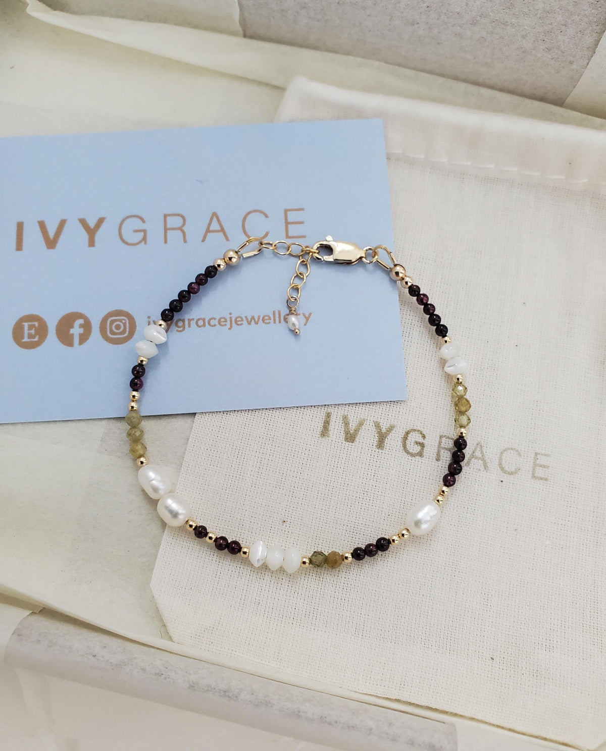 Dainty Garnet & Freshwater Pearl Bracelet - 14ct Gold-filled