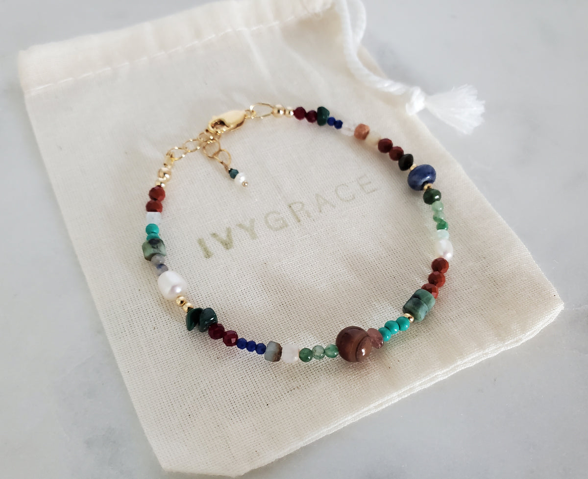 Brown Mix Gemstone Beaded Bracelet - 14ct Gold-Filled