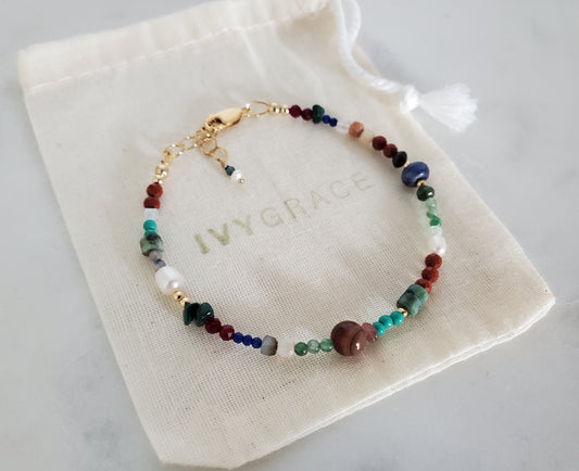 Brown Mix Gemstone Beaded Bracelet - 14ct Gold-Filled