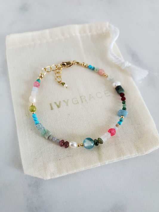 Blue Mix Gemstone Beaded Bracelet - 14ct Gold-Filled
